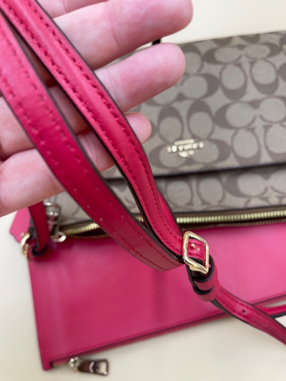 Coach Brown Signature Crossbody with Pink Trim and Removable Pouch Gold Zip - Picture 8 of 10